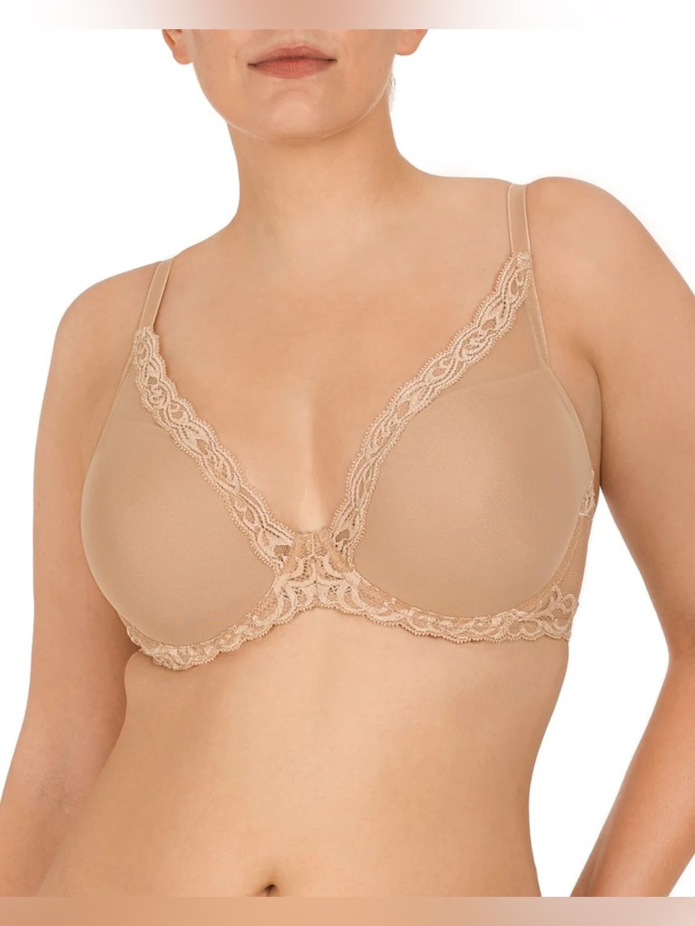 Natori Lace-Trim Plunge Underwire Bra in Nude PR21-120